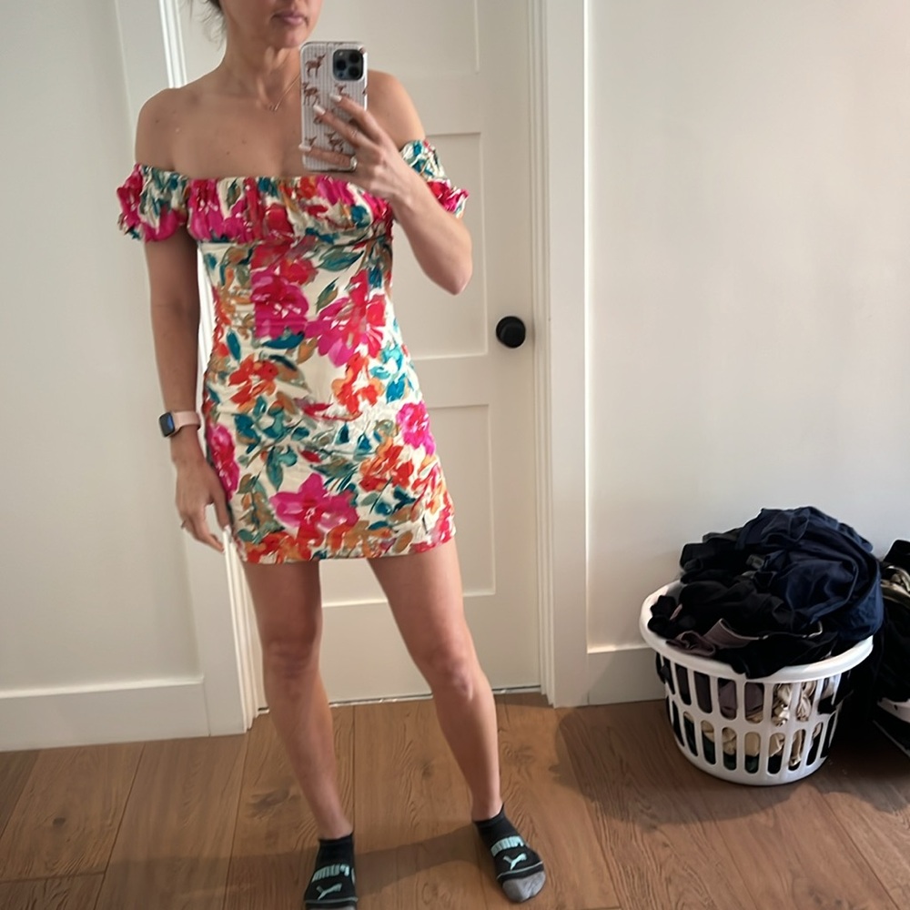 Multicolor Olivaceous short off the shoulder mini floral print dress